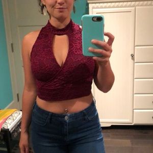 Red High neck crop top